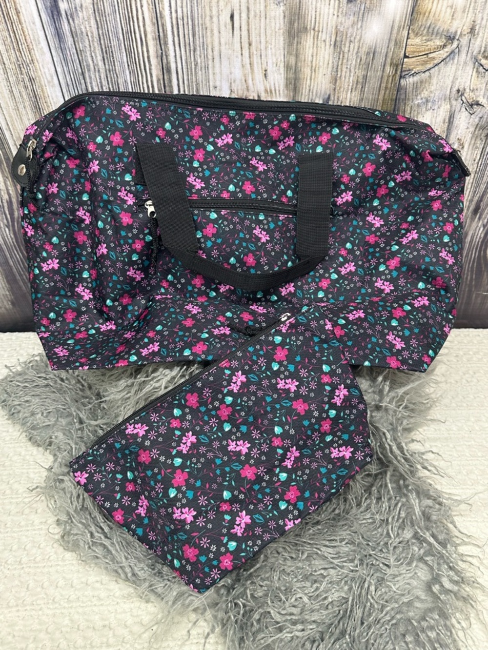 Floral Travel Tote Bag with Matching Pouch - Black/Pink/Teal